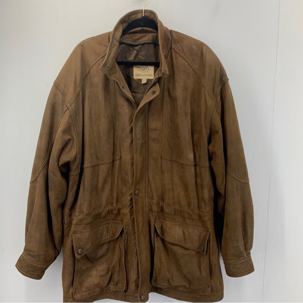 Georgetown Leather Design Mens Large Coat Full Zip Snap Brown Drawstring Pockets